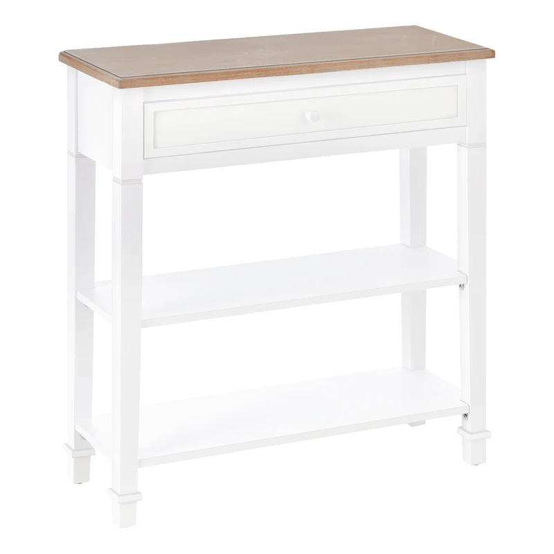 Easycomfort Tavolo Consolle Bianco e Color Legno con Cassetto e 2 Ripiani, Tavolino Salvaspazio in MDF, 75.6 x 27.5 x 80.5cm