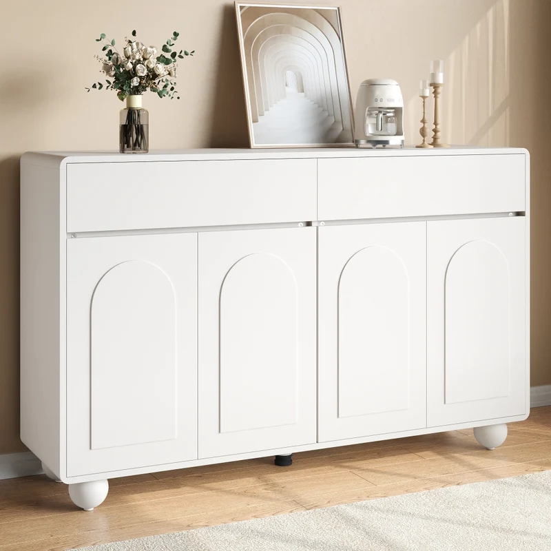 Credenza, mobile contenitore, 2 cassetti, decorazioni a rilievo ad arco, in MDF, piedini metallici rotondi, bianco