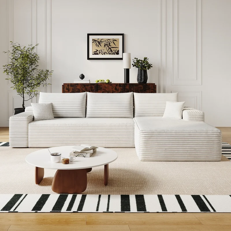 Divano angolare modulare 270 cm bianco a 3 posti con chaise longue; velluto a coste