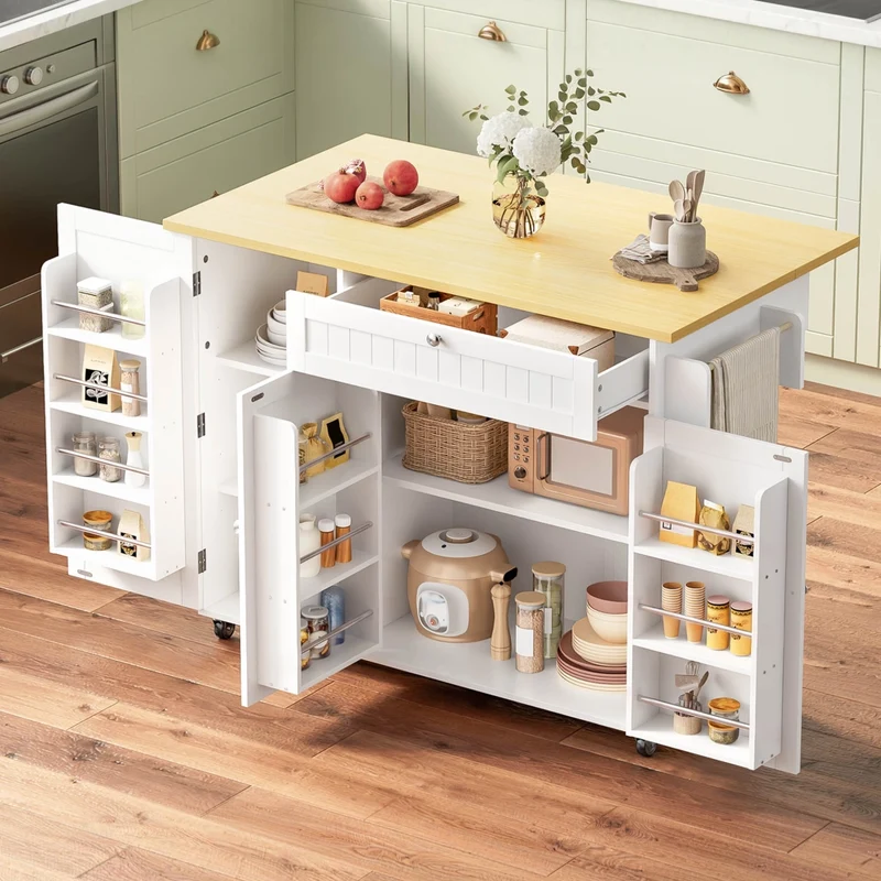 Isola cucina con piano pieghevole 120x70x92 cm; carrello da cucina mobile con cassetto e armadietto; MDF; bianco e naturale