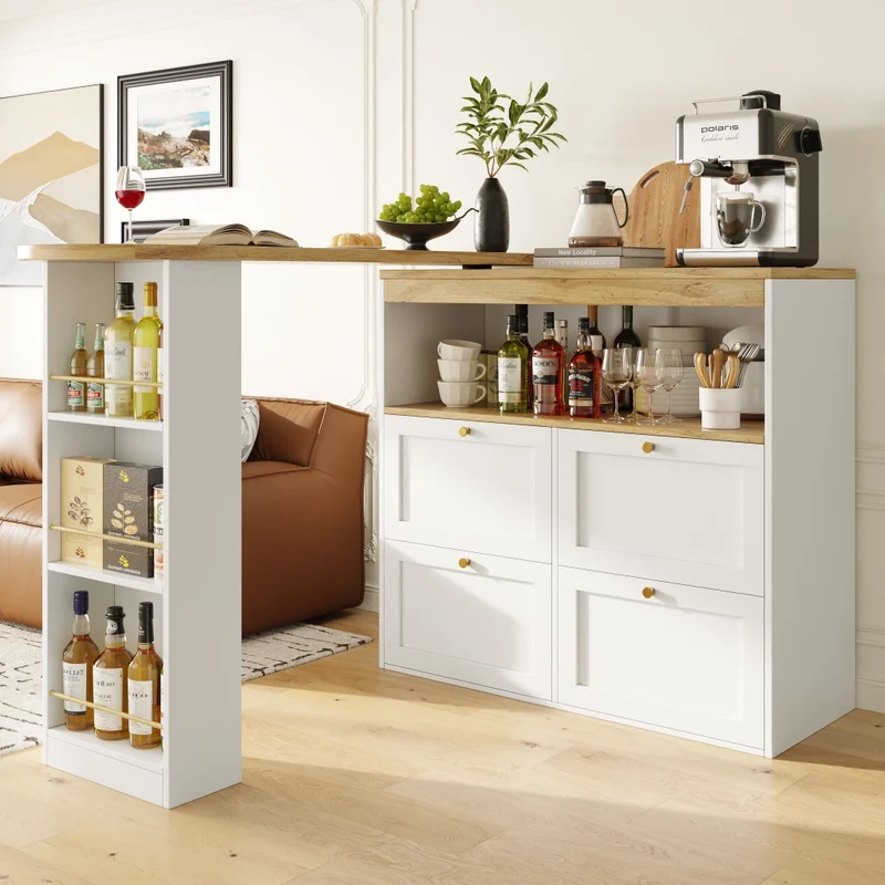 Tavolo da bar girevole a 360 gradi 105 cm con 4 cassetti e ripiani aperti; MDF; bianco