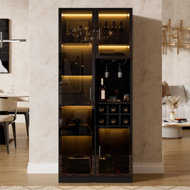 Mobile soggiorno con ante in vetro e vetrina con luci led; 60x36x160 cm; porta vino; MDF; nero