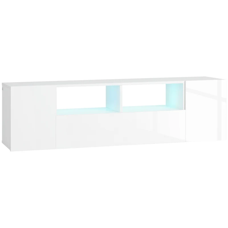 Easycomfort Mobile TV 60" max in Truciolato con 3 Ripiani, 2 Armadietti e Luci LED, 137x35x42 cm, Bianco Lucido