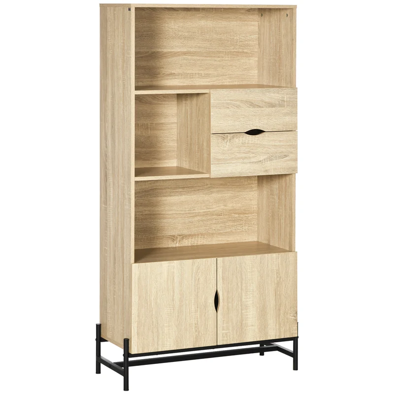 Easycomfort Mobile Libreria a Parete in MDF e Metallo con 2 Cassetti, 2 Armadietti e 4 Ripiani Aperti, 80x35x155 cm