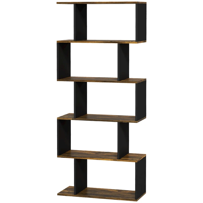 Easycomfort Libreria Moderna Asimmetrica a Parete con 5 Ripiani in Legno, 70x29.5x163cm, Marrone Rustico