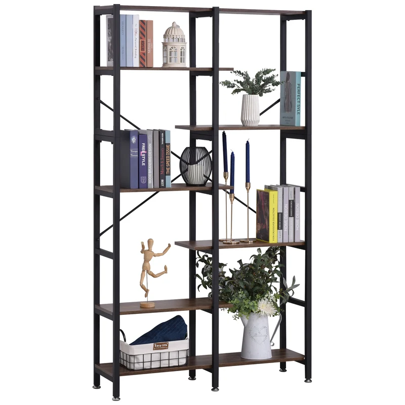 Easycomfort Grande Scaffale Libreria da Parete in Legno e Metallo Nero con 6 Ripiani, Stile Vintage Industriale, 100x30x182cm