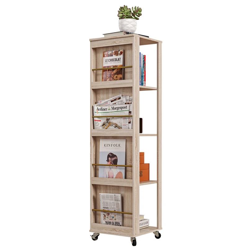 Easycomfort Libreria Portariviste Moderna a 4 Ripiani in Legno con Rotelle, 40x40x150cm, Quercia