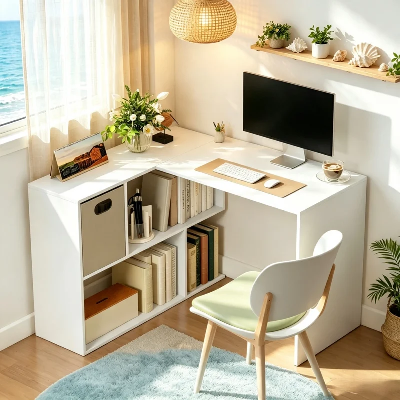 Scrivania ad angolo, scrivania per computer con cassetto in tessuto e scomparti aperti, scrivania moderna per home office (solo scrivania)