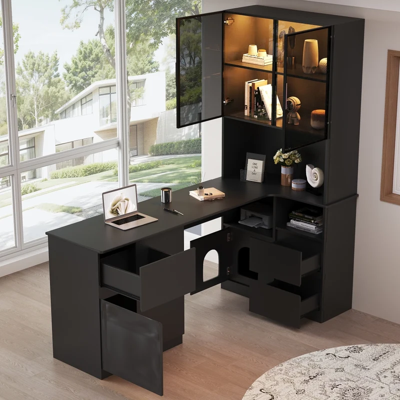 Scrivania ad angolo con scaffalatura e vetrina LED 120¡Á80¡Á180 cm ¨C scrivania con passaggio cavi, 3 cassetti, 2 ante, ripiani aperti, scrivania ad angolo con libreria integrata