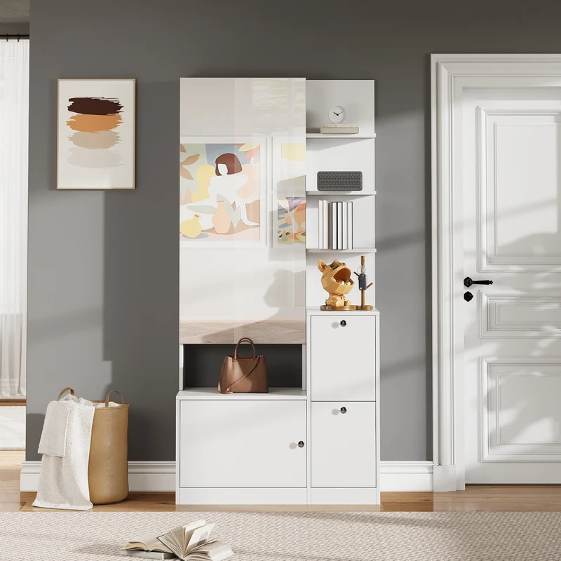 Armadio alto 85 x 40 x 180 cm con specchio e scarpiera, mobile ingresso, contenitore con 2 ante e vetrina con 5 ripiani, bianco