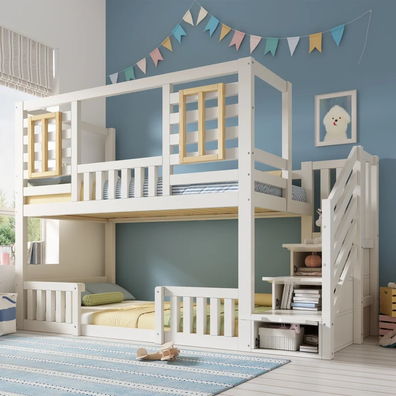 Letto a castello 90x200 cm in stile baita con finestre in legno e armadio a scala, 2 posti letto, rete a doghe, EN 747, Bianco