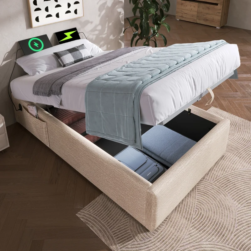 Letto imbottito singolo 90x190 cm con contenitore, ricarica USB C e rete a doghe piena, senza testiera, lino naturale