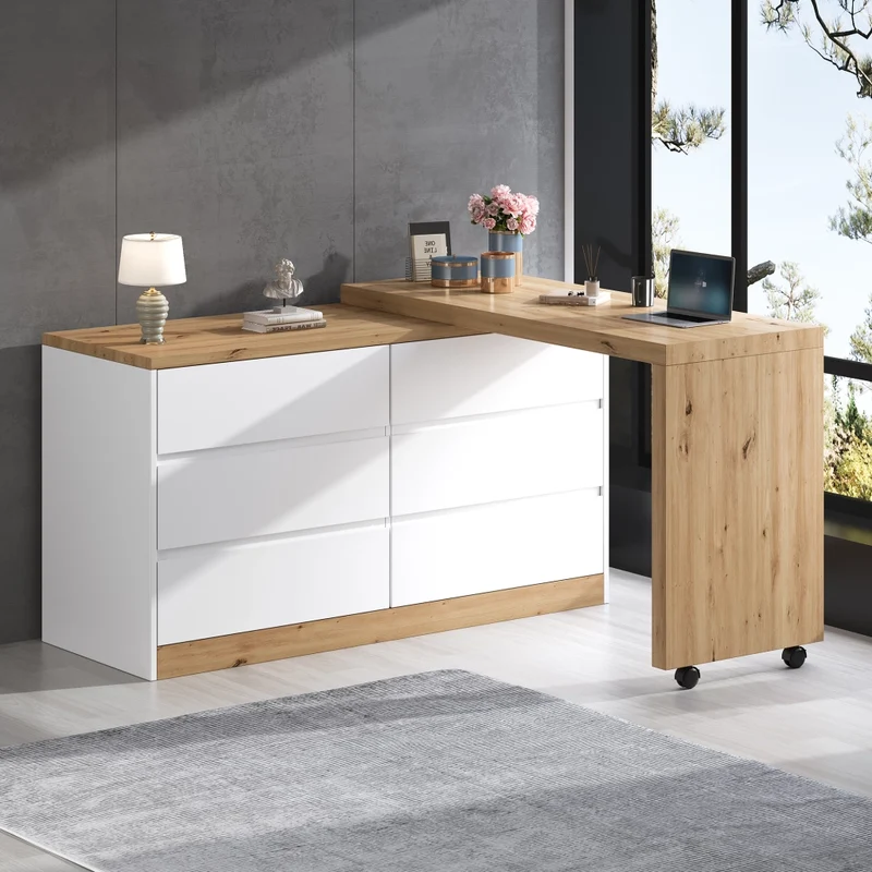 Scrivania con ruote bloccabili ¨C design multifunzionale, piano girevole spesso 4 cm, bloccabile, bianco/quercia, scrivania pieghevole, scrivania ad angolo, sideboard