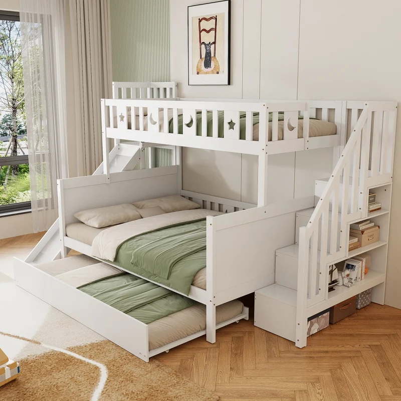 Letto per bambini 90 x 200/140 x 200 cm, letto a castello in legno con scivolo e scaffale, gradini di sicurezza, letto estraibile e rete a doghe