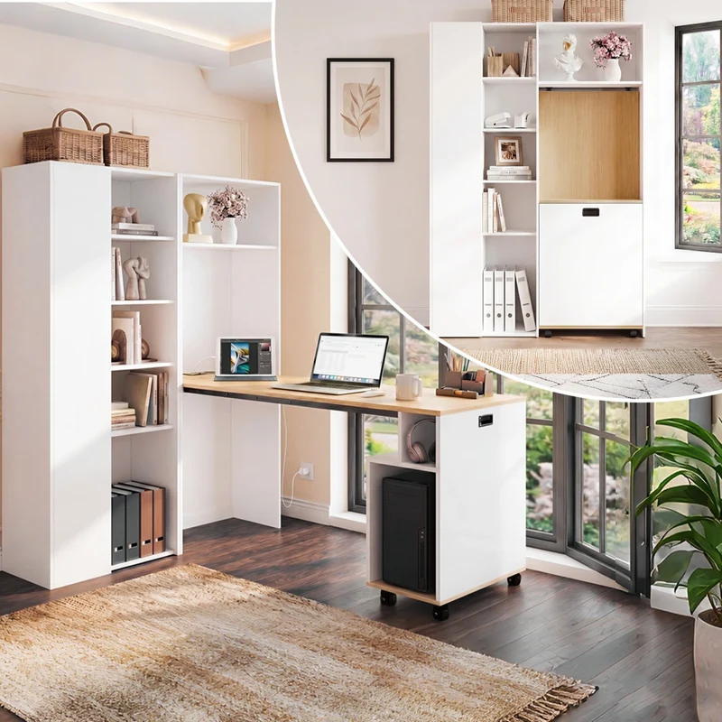 Scrivania pieghevole con ripiani ¨C libreria e scrivania 2-in-1, pieghevole, con presa e porta USB, ripiani regolabili in altezza, protezione anti-ribaltamento, bianca ¨C scrivania ad angolo sinistra