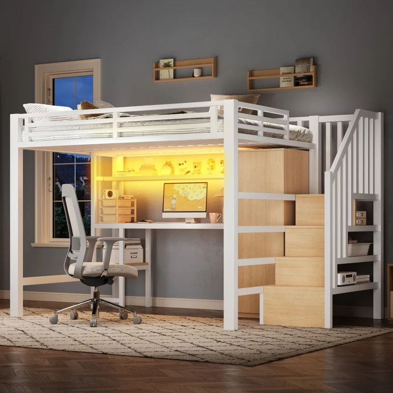 Letto a soppalco in metallo 140 x 200 cm con scrivania, scaffale, armadio e scala contenitore - Bianco