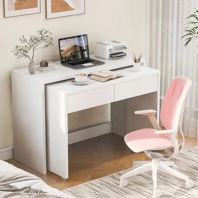 Scrivania con scaffalatura + com¨° 2-in-1, scrivania compatta estraibile, interamente realizzata in legno spesso 1,8 cm, con ruote, componibile in modo flessibile, scrivania pieghevole
