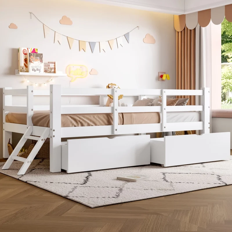 Letto in legno con sponde e 2 cassetti, 90x200 cm, bianco
