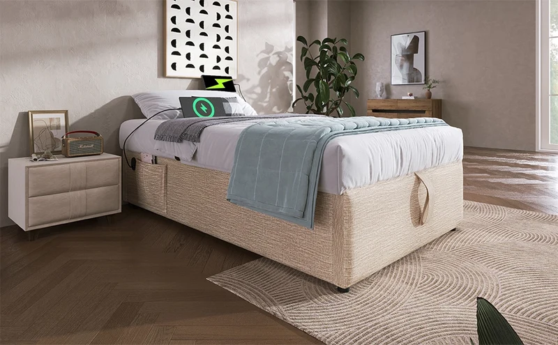 Letto singolo contenitore in lino beige naturale 90×190 cm senza testata, con ricarica USB-C e rete a doghe completa, senza materasso