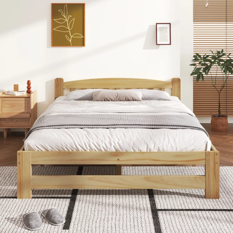 Letto in legno massello di pino naturale 140x200 cm stile futon con testiera a doghe e 15 doghe portanti
