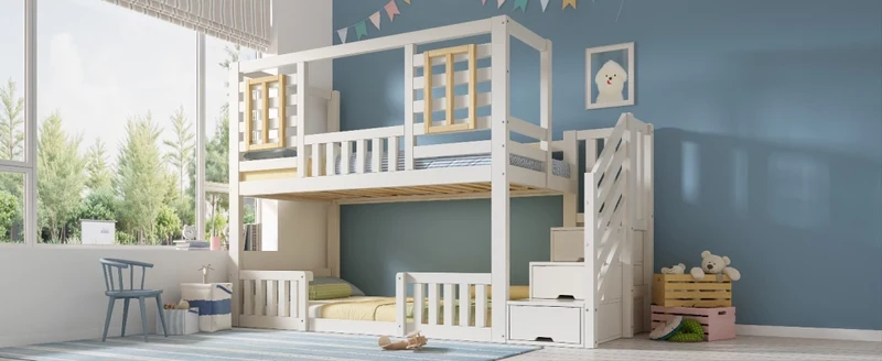 Letto a castello in stile casetta 90×200 cm bianco in legno, con finestre, scala armadio e due piani notte, rete a doghe inclusa, certificato EN 747
