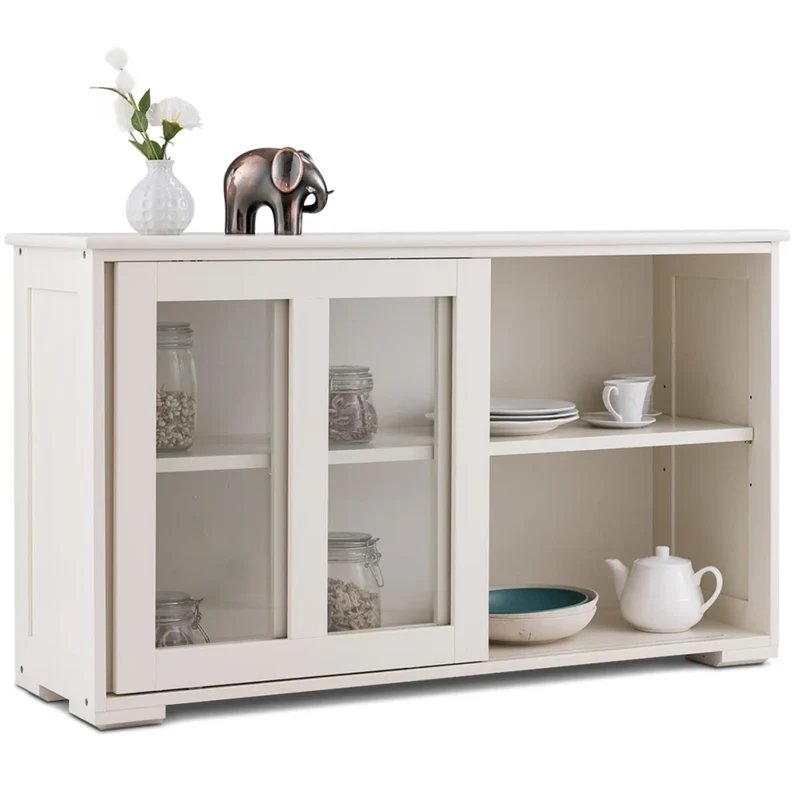 Credenza da cucina mobile basso 106,5 x 33 x 62,5 cm con 2 ante scorrevoli e ripiano regolabile stile moderno MDF beige 20_0010802