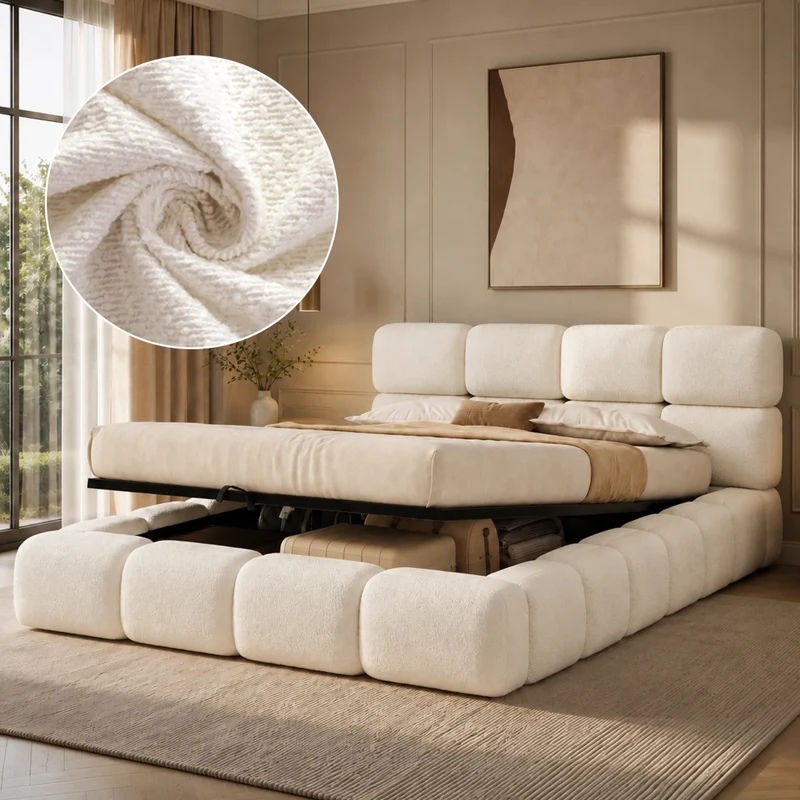 Letto matrimoniale imbottito 160x200 cm con contenitore idraulico; design nuvola bubble; tessuto bouclé bianco
