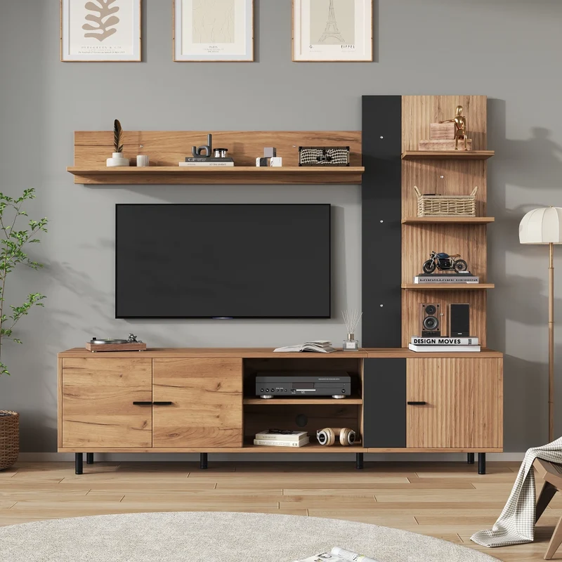 Mobile TV- set 3 pezzi- 3 ante- ripiani aperti- legno/nero- 187.5x40x167 cm- per TV 80"