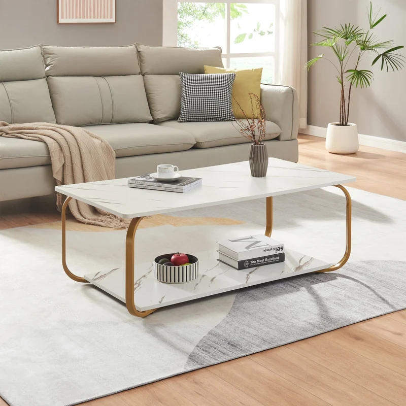 Tavolino Centrale da Salotto Kolta con Ripiano 120x60x43 cm - Effetto Marmo Bianco/Dorato [en.casa]