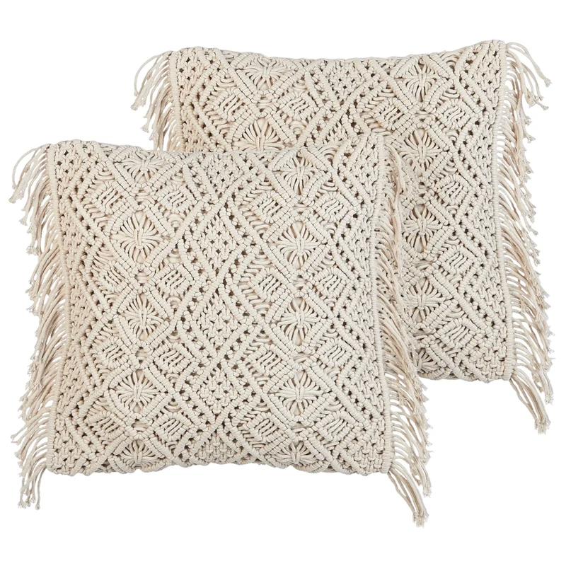 Set di 2 cuscini in cotone e macramè con frange e motivo intrecciato beige stile boho elegante salotto