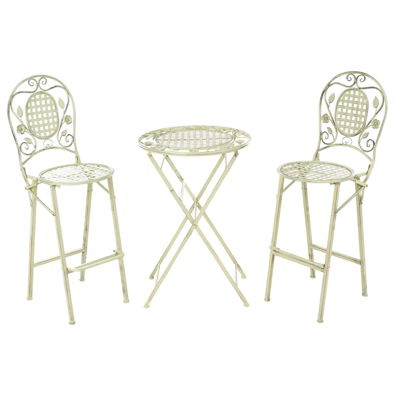 Set bar da giardino Ferro verde chiaro pieghevole Metallo afflitto 2 sedie Tavolo all'aperto Resistenza alla ruggine UV Stile retrò francese