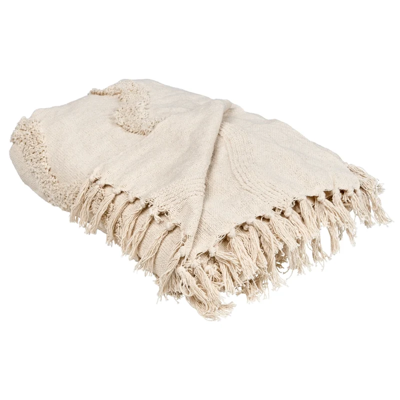Coperta in cotone beige chiaro con frange e motivo geometrico 200 x 200 cm stile boho soggiorno camera da letto accessorio divano