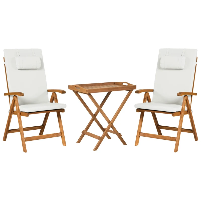 Set da giardino in stile rustico con tavolo in legno di acacia, 2 sedie pieghevoli e cuscini bianco sporco