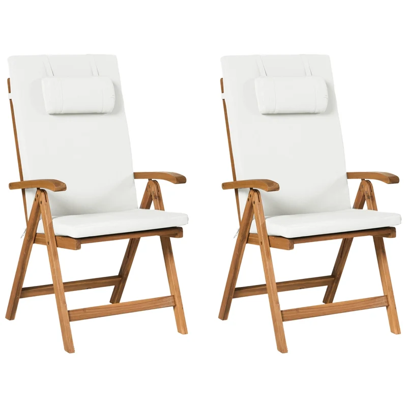 Set di 2 sedie da giardino in legno di acacia chiaro con cuscini bianco sporco, pieghevoli, resistenti ai raggi UV, stile rustico