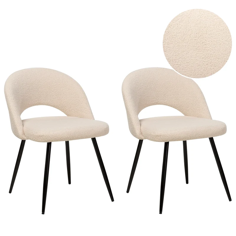 Set di 2 sedie da pranzo bouclè in tessuto beige braccioli schienale intagliato gambe in metallo moderna industriale