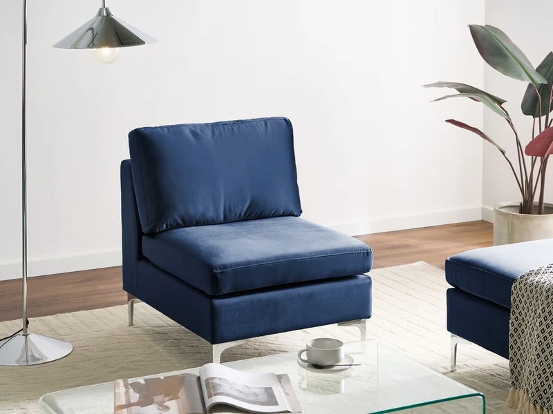 Modulo divano in velluto blu marino a 1 posto con gambe in metallo argento stile glamour
