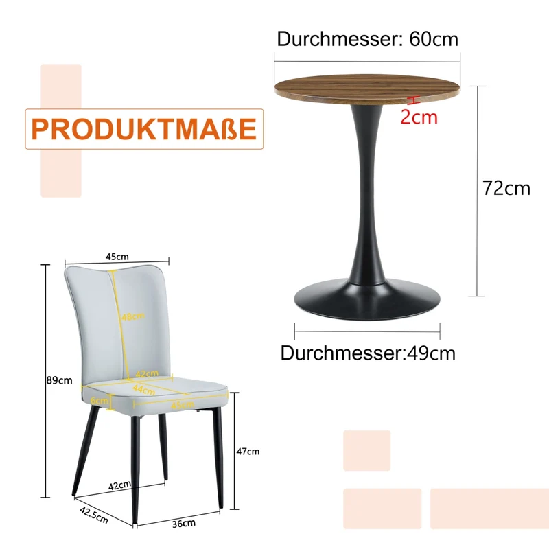 Set tavolo rotondo e 2 sedie grigio chiaro in MDF e PU