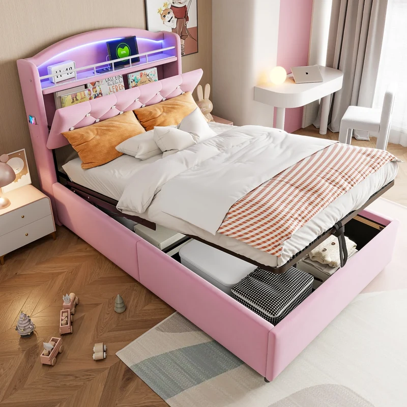 Letto per bambini imbottito 90x200 cm, letto singolo in velluto multifunzionale con contenitore, LED e USB - Rosa