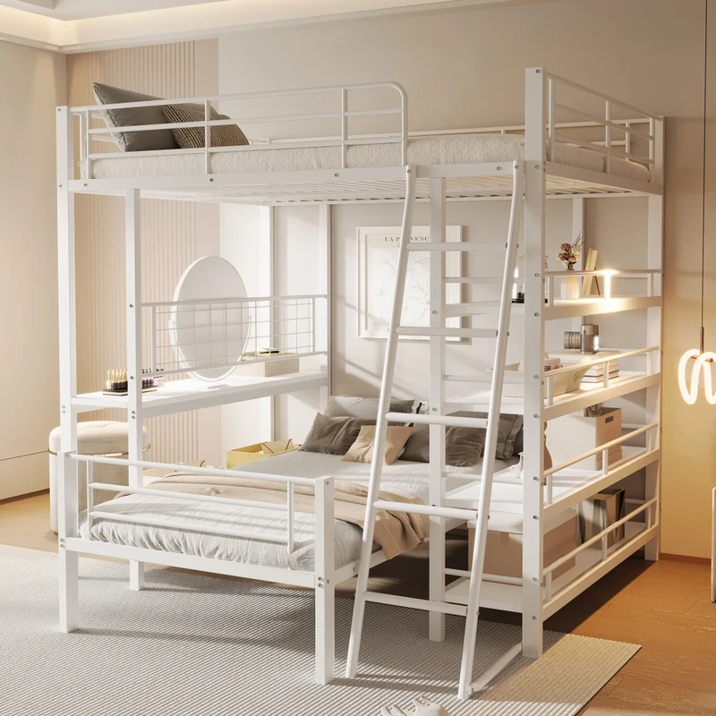Letto a castello in metallo 140×200 cm bianco con ripiani contenitore, scomponibile in due letti singoli
