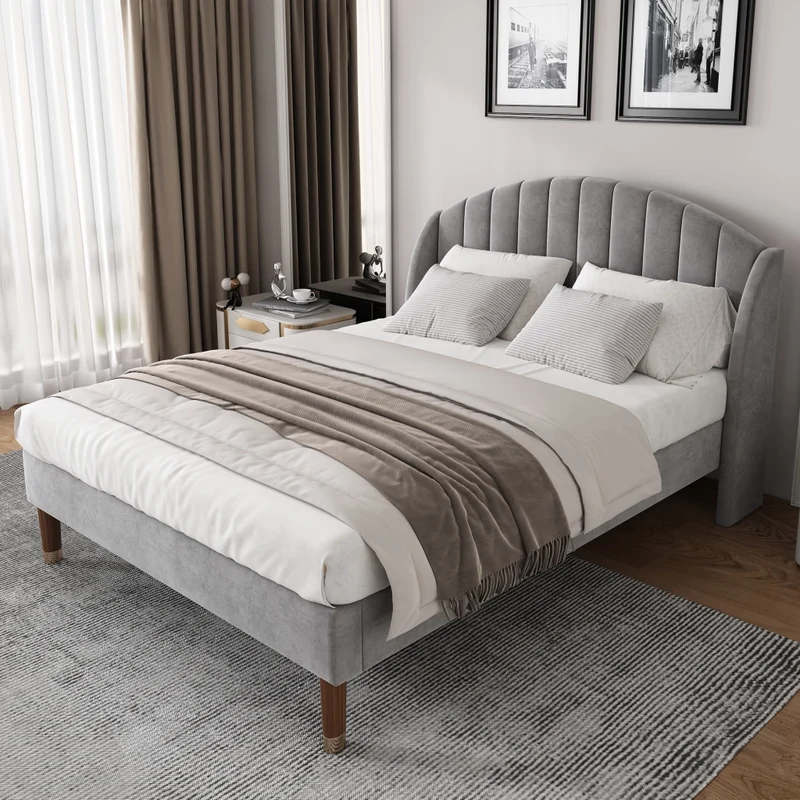 Letto imbottito con doghe e testiera, 140x200 cm, velluto grigio