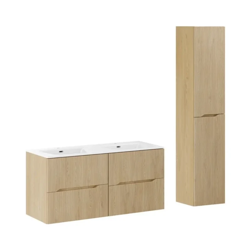 Set da bagno sospeso NATURA 155cm: mobile sotto lavabo 60cm + doppio lavabo incassato + colonna