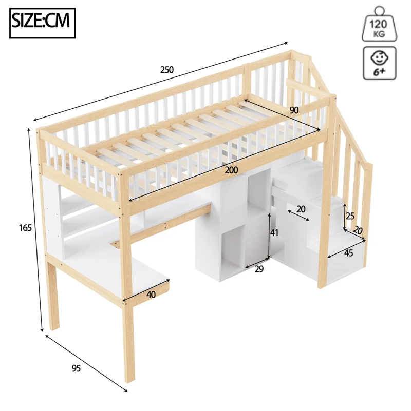 Letto a soppalco 90 x 200 cm con LED, scrivania e scala contenitore