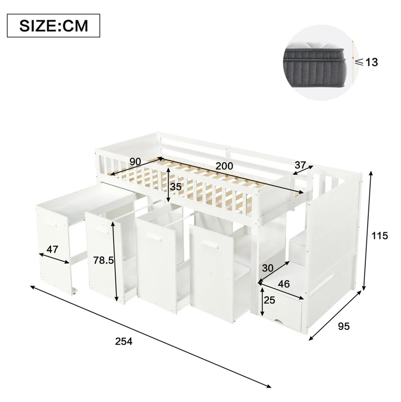 Letto a castello multifunzione bianco 90 x 200 cm con scrivania e armadi