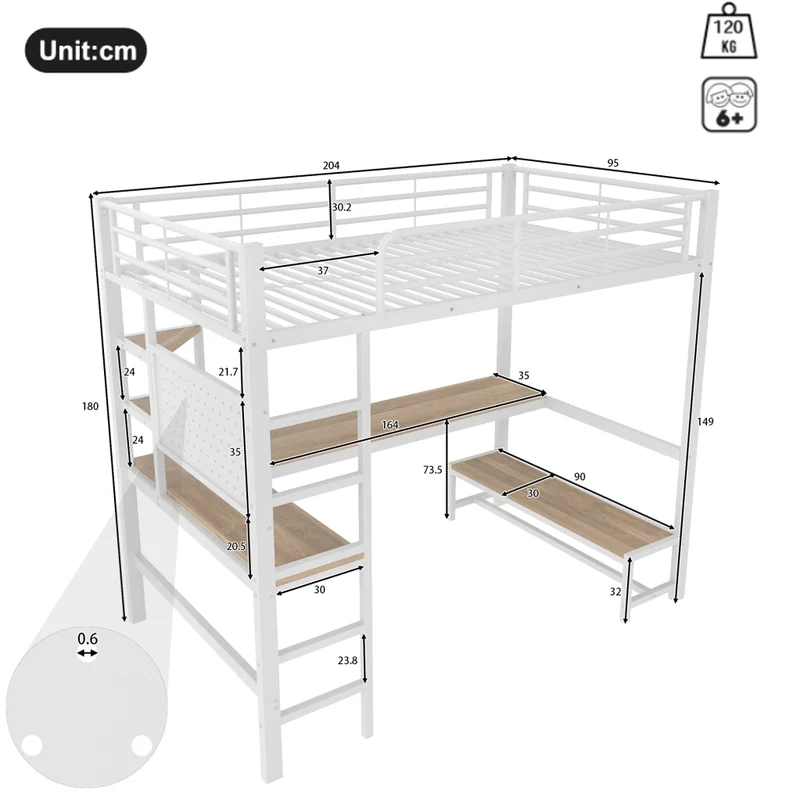 Letto a soppalco 90 x 200 cm con scrivania, LED, presa USB e Tipo-C bianco