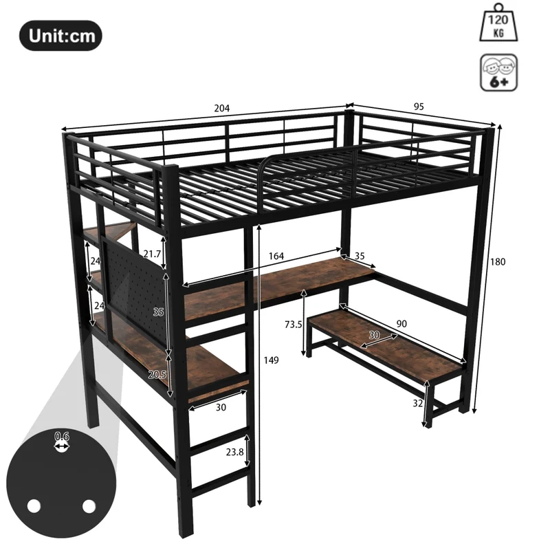 Letto a soppalco nero 90 x 200 cm con scrivania, LED e presa USB-C