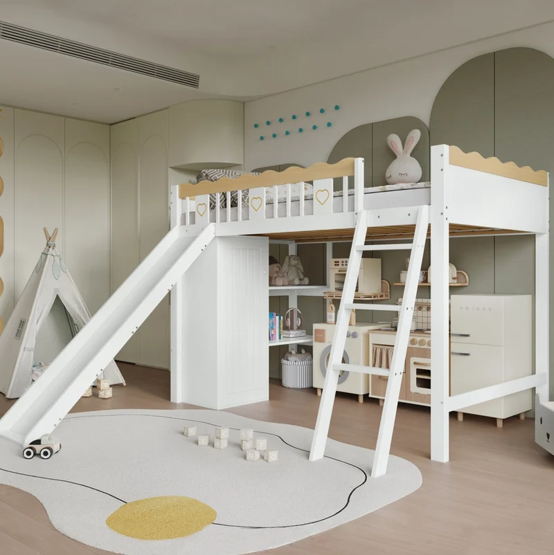 Letto a soppalco per bambini 90 x 200 cm con scivolo e armadi bianchi e naturali