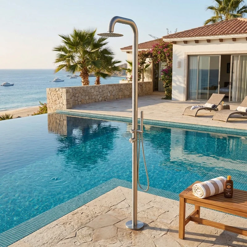 MPC Doccia da esterno per piscina e giardino inox in acciaio inox 316L doppia erogazione con soffione 25 cm e doccino flessibile resistente a cloro e salsedine MX1008-INOX