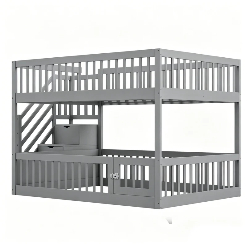Letto a castello in legno 140x200 cm con scala sicura e cassetti, colore grigio per bambini e ragazzi