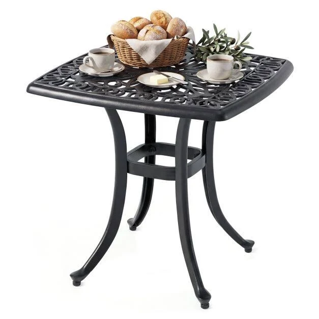 Tavolino da Giardino Quadrato in Alluminio Pressofuso Nero con Foro per Ombrellone da 4 cm Resistente alle Intemperie per Esterno