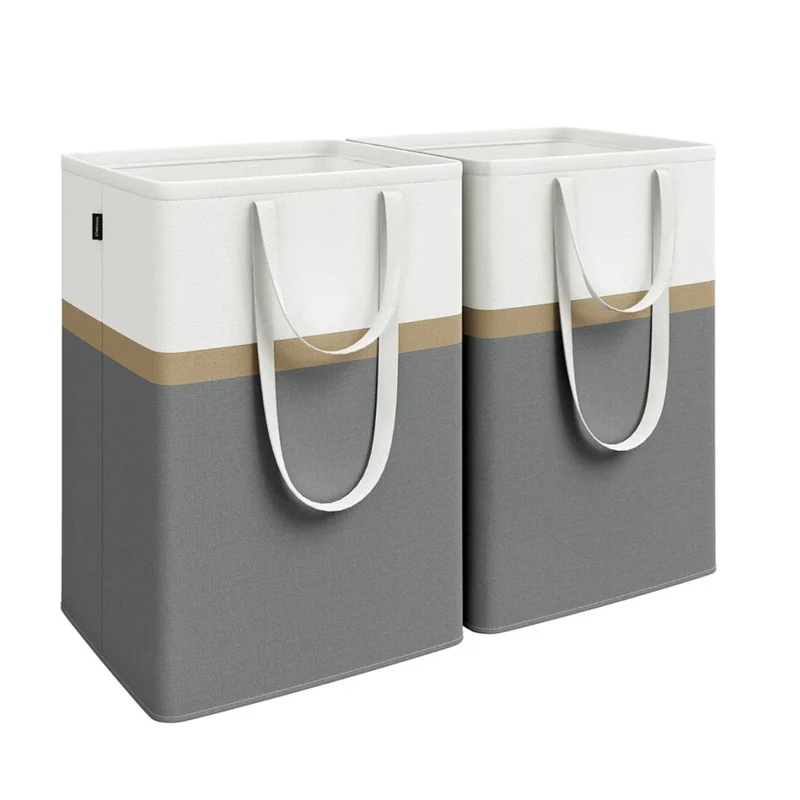 Set di 2 cesti portabiancheria pieghevoli sacchi portabiancheria da 75 litri con manici corti e lunghi facili da trasportare e pulire autoportanti grigi 12_0006242